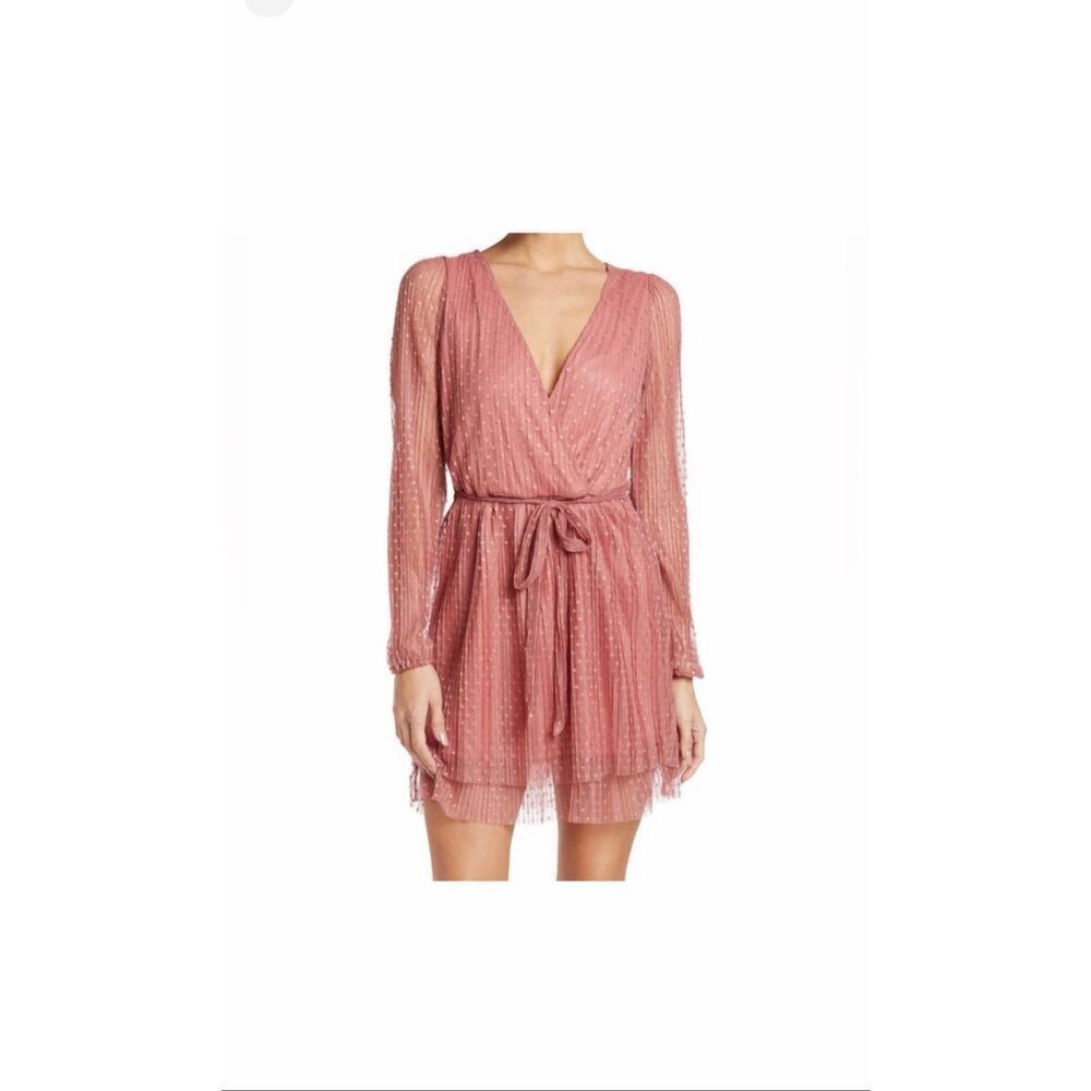 KENEDIK WOMEN'S PLEATED DOT MESH LONG SLEEVE DRESS PINK MAUVE Small